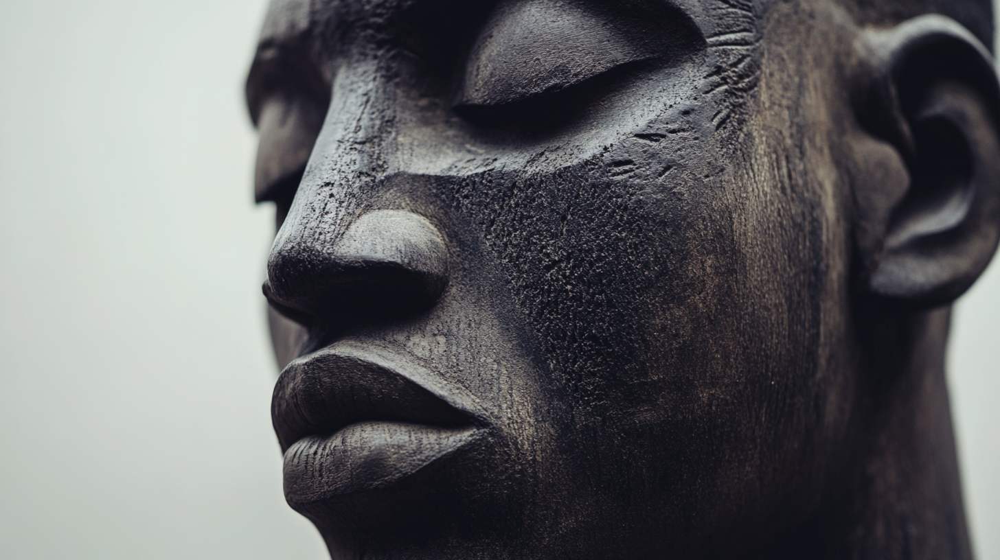 Strikingly calm strong beautifully masculine hard wood carved face