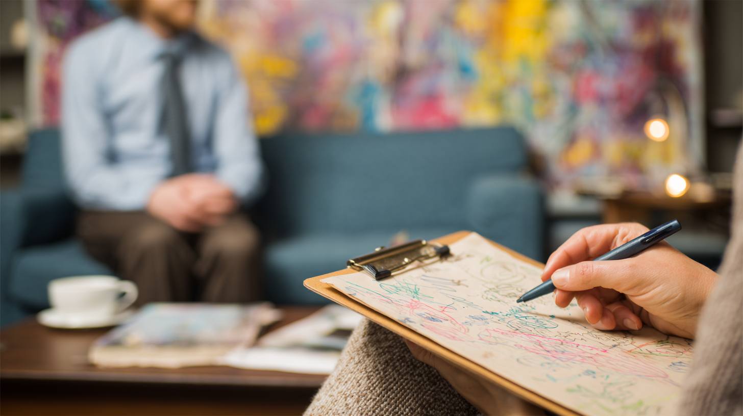 therapist scene with close up clipboard with out of focus man on couch in background