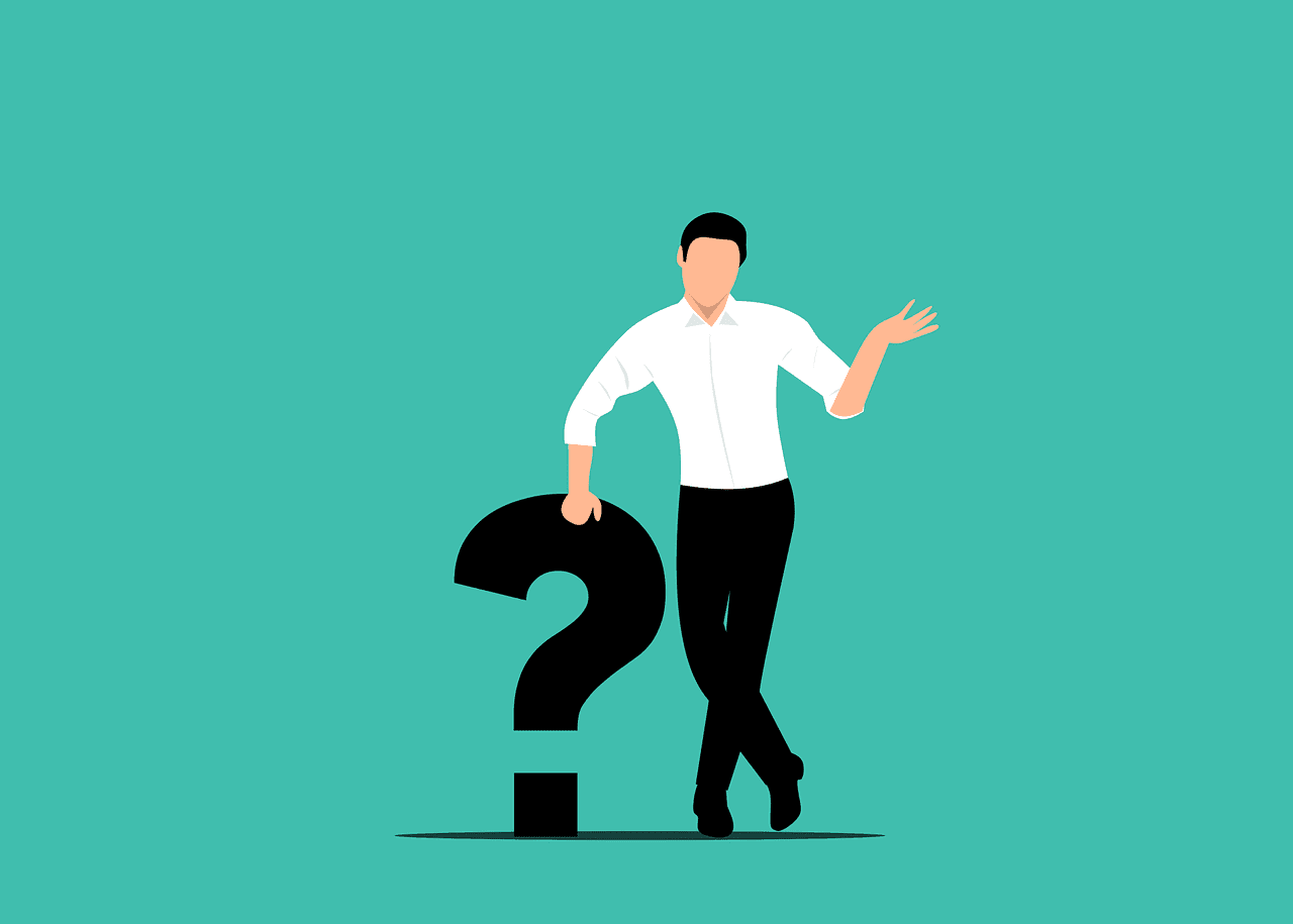 Vector style image with a man leaning on a question mark