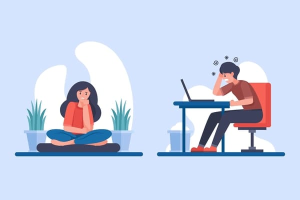 illustration showing a depressed woman and a stressed man