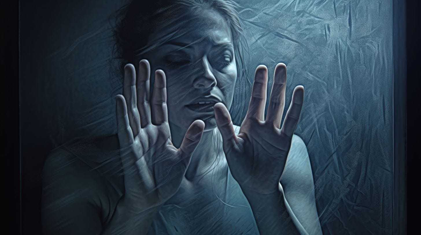 Anxiety disorder is depicted expressively in a dark room with an anxious woman - F41.1, F93.0, F94.0, F41.8, F40.00, F40.218, F40.228, F40.230, F40.231, F40.232, F40.233, F40.248, F40.298, F40.10