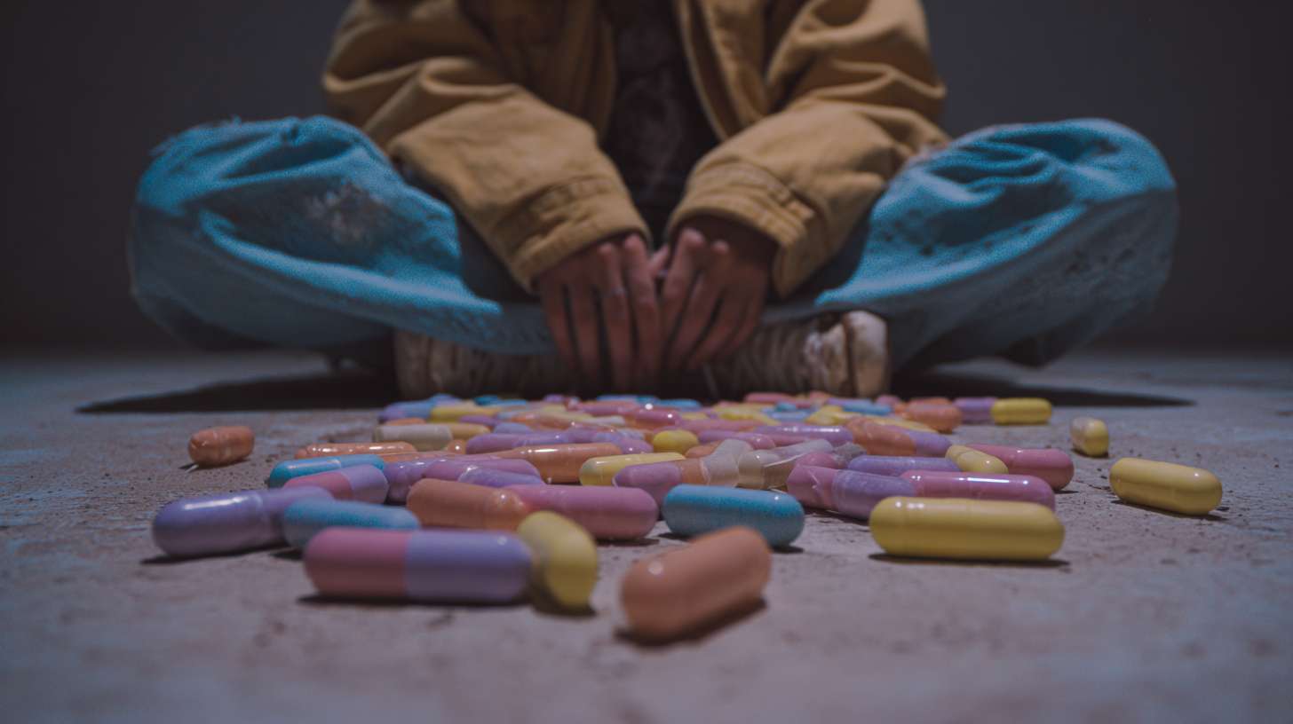 Young person on floor with colourful pills spread out