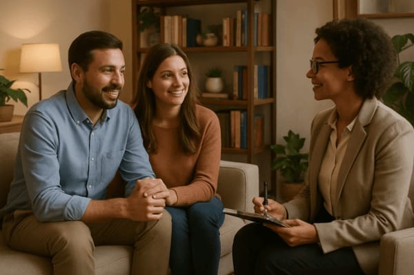 A happy couple making up after marriage counselling