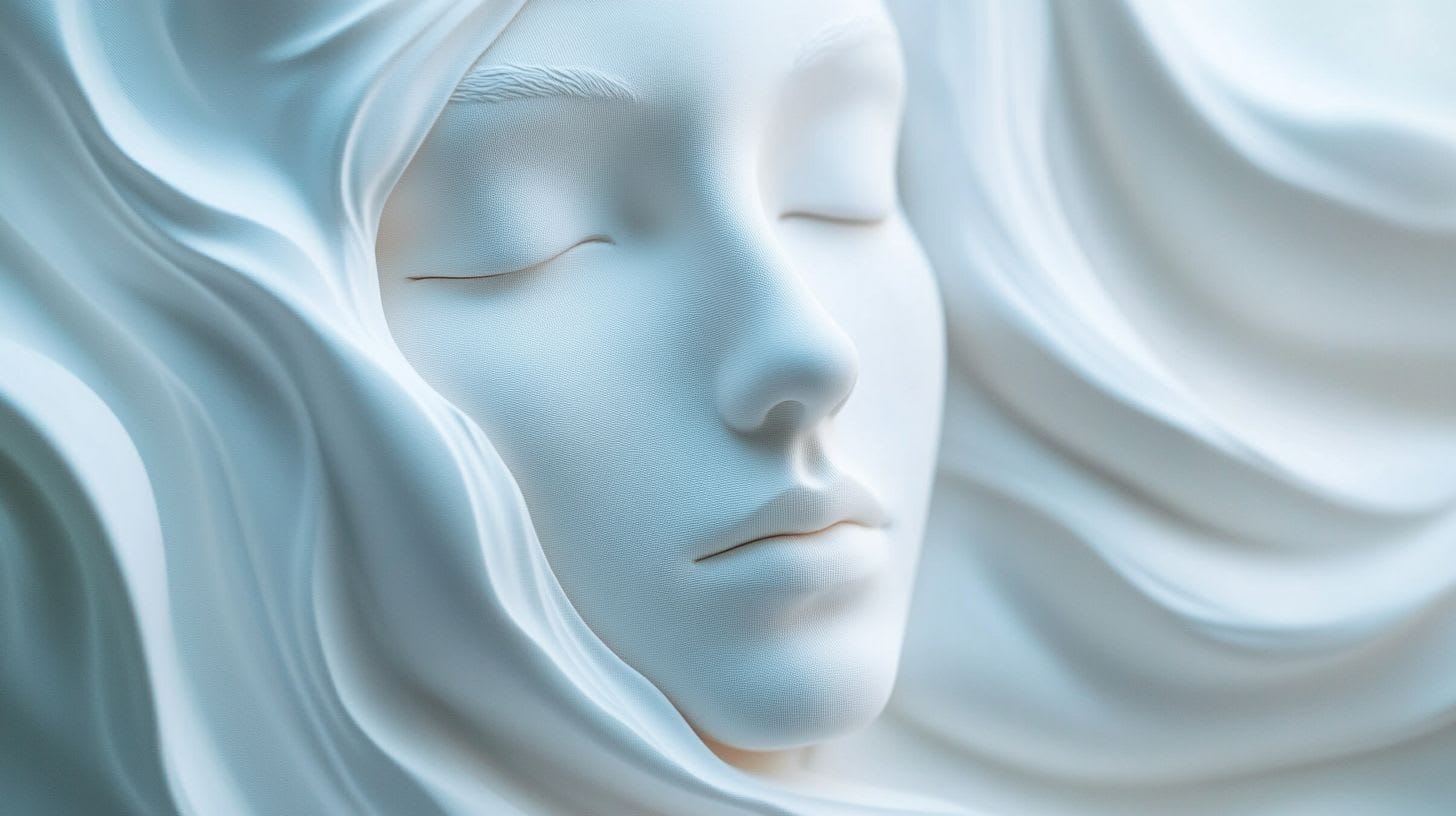 Peaceful white marble carving of a flowing face