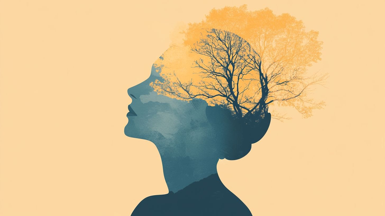 Graphic artwork of a face and tree printed