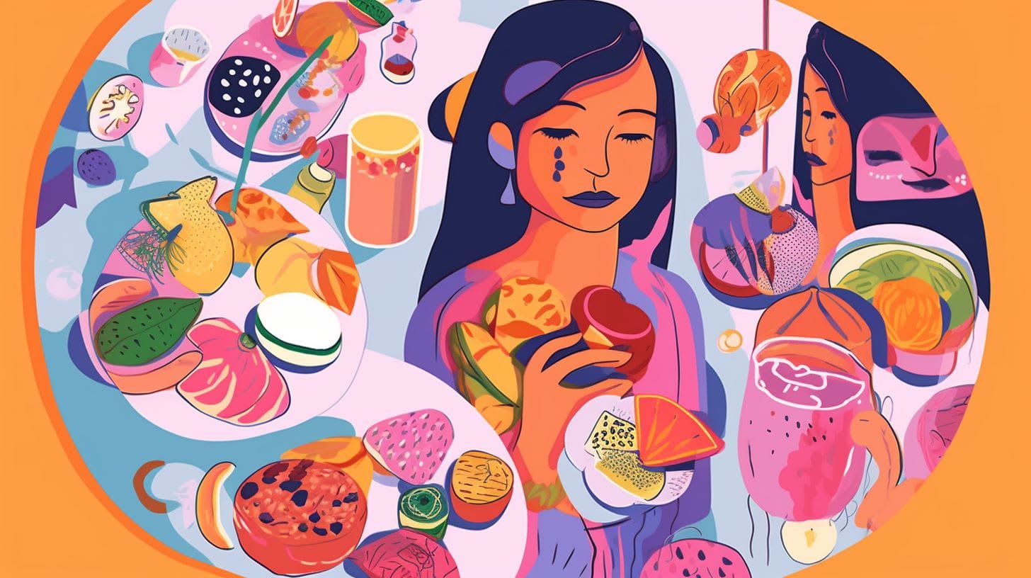 Visualisation of an eating disorder with an unhappy woman in a room full of food - F50.01, F50.02, F50.2, F50.8, F50.9