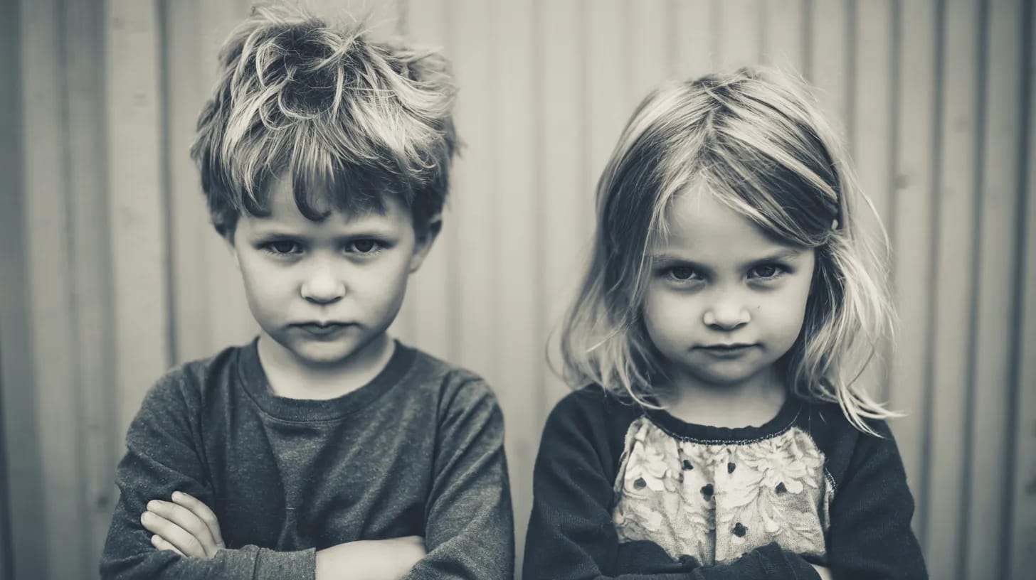 Two cheeky looking children. A boy and a girl.