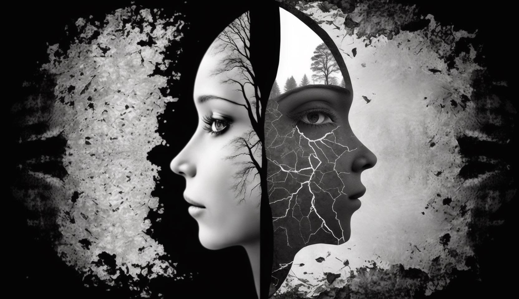 Borderline personality disorder is represented visually by a two-faced girl with various arts on each face - F60.3