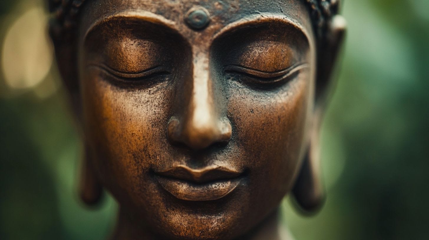 Bronze face in deep mediative state close up with eyes closed.