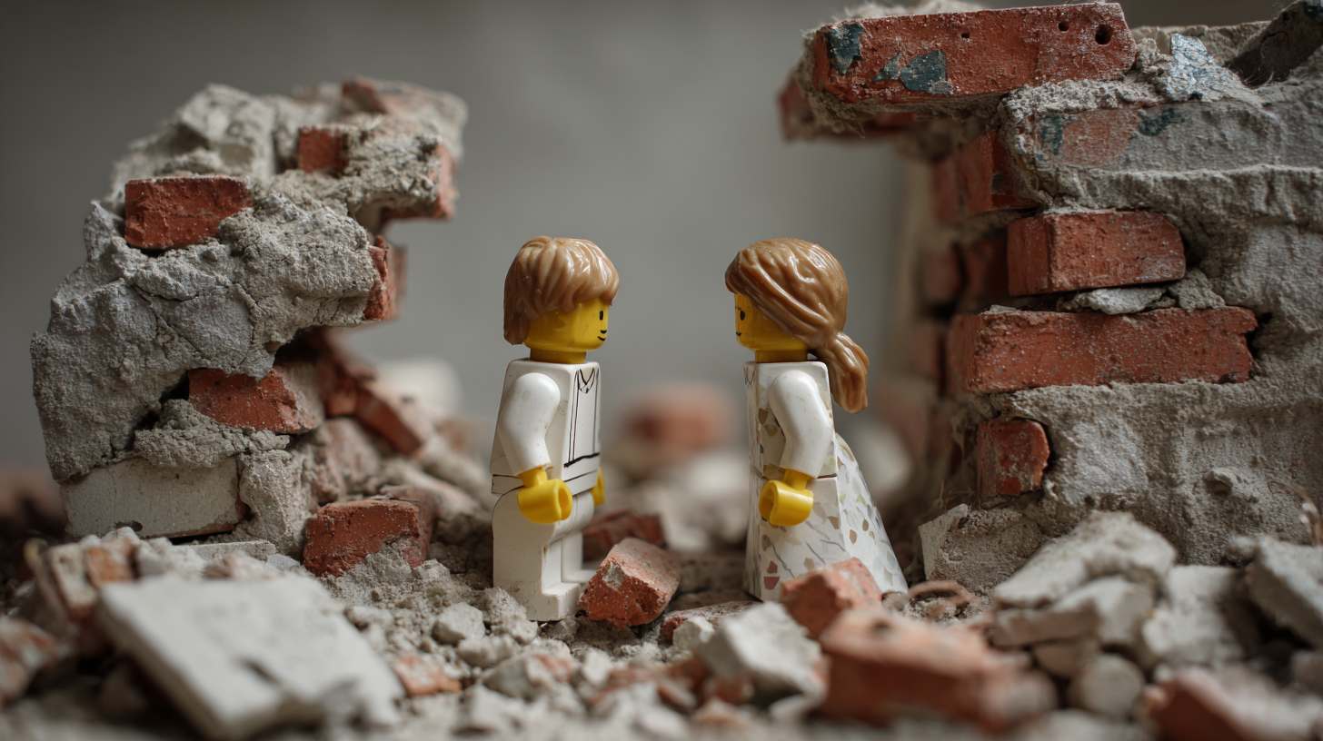 A Lego couple amongst a broken brick wall