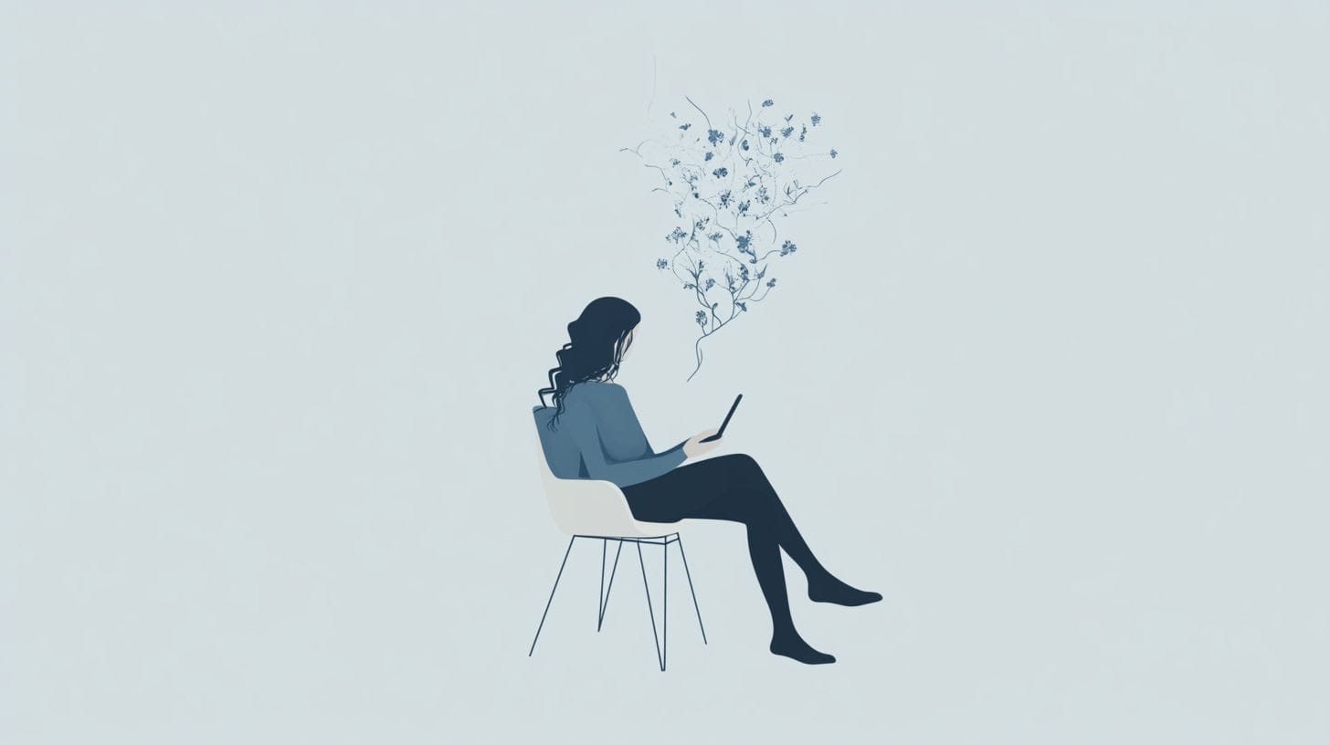 Woman graphic sitting with laptop for online therapy
