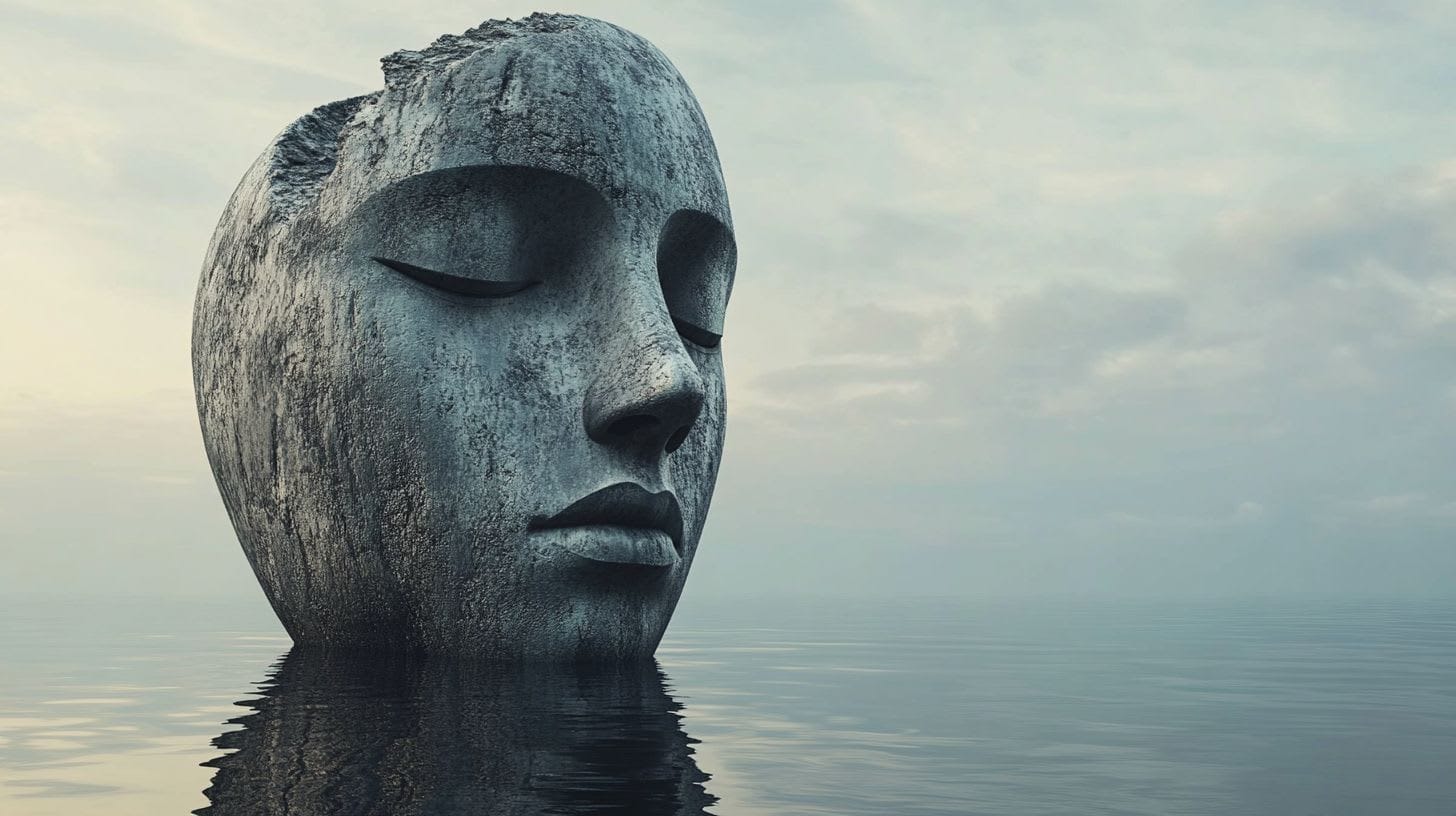 Peaceful carved stone face floating on Porto waters