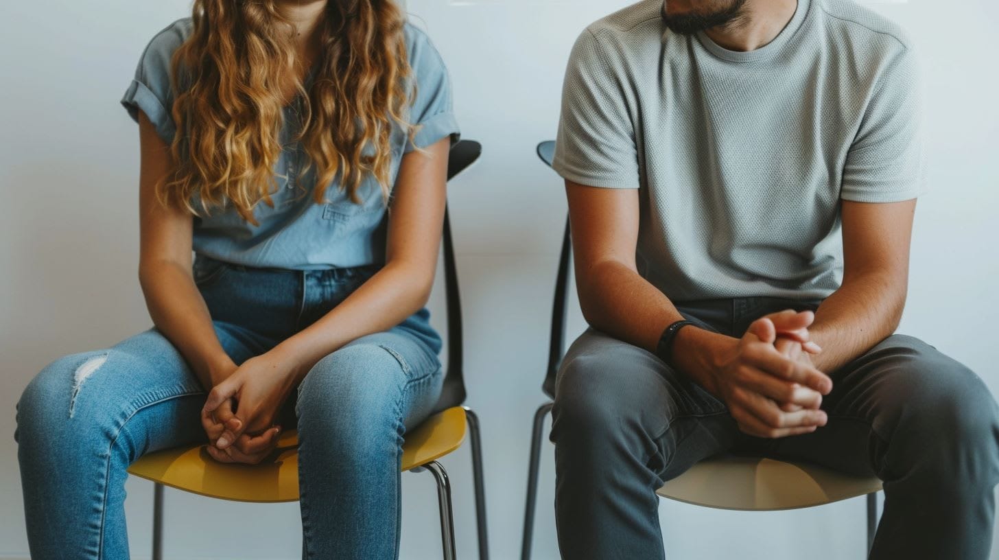 Couple discussing expectations in therapy sitting on chairs