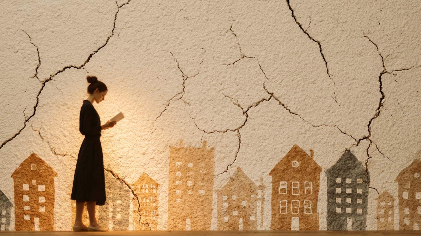 Woman reading in front of a cracked wall symbolising hurt and harm in history